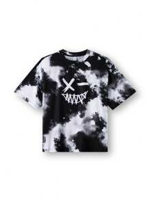 SHEIN 2pcs Set Teen Boy's Face Graphic Color Block Short Sleeve T-Shirt And Shorts Set, Friends;Spring Wear; Teen Boys' Clothing; Teen Boy' Jackets, Spring Back To School - Black and White - View 7