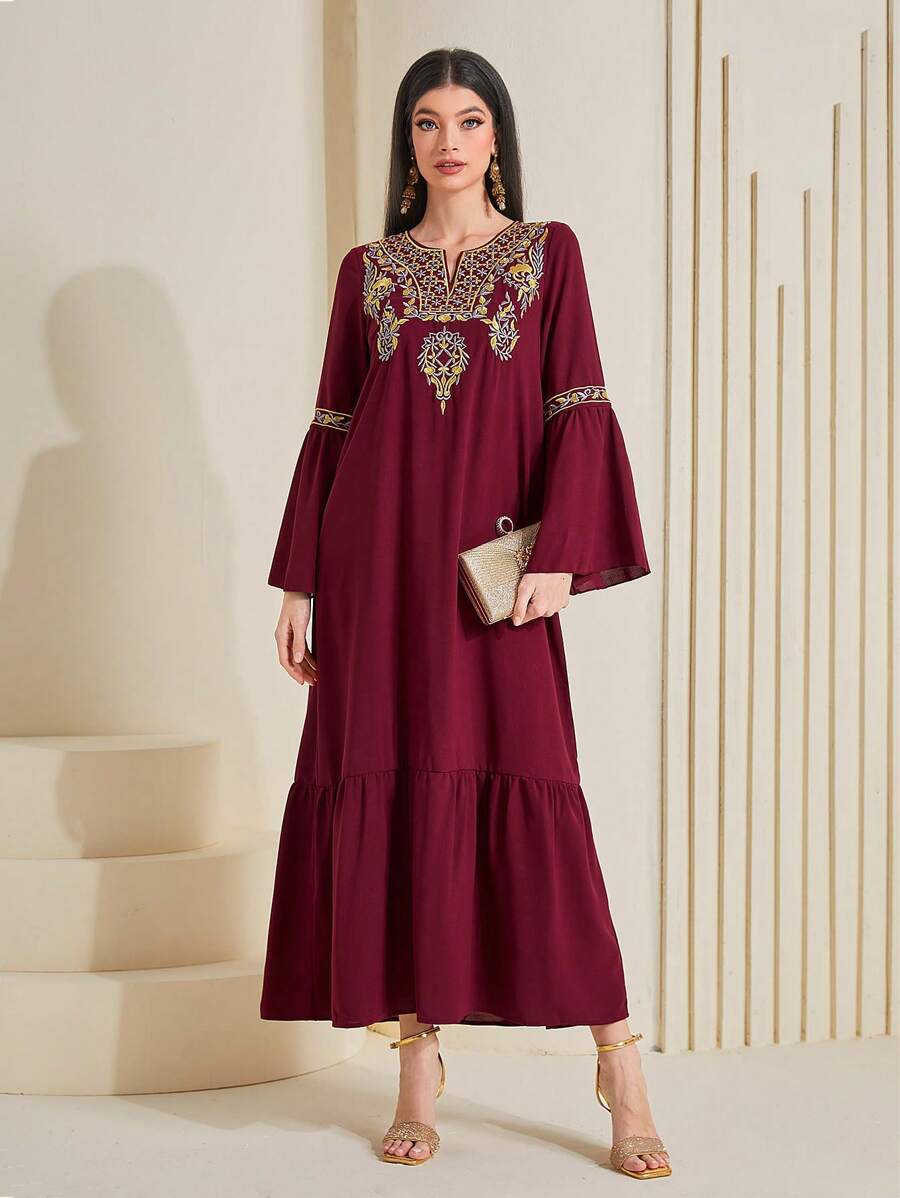 Al Najma Burgundy Red Floral Embroidery Ruffle Hem Dress, Modest Kaftan - Burgundy - View 1