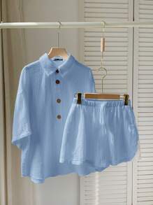SHEIN EZwear Light Blue Women's Casual Linen 2 Pieces Set - Baby Blue - View 5