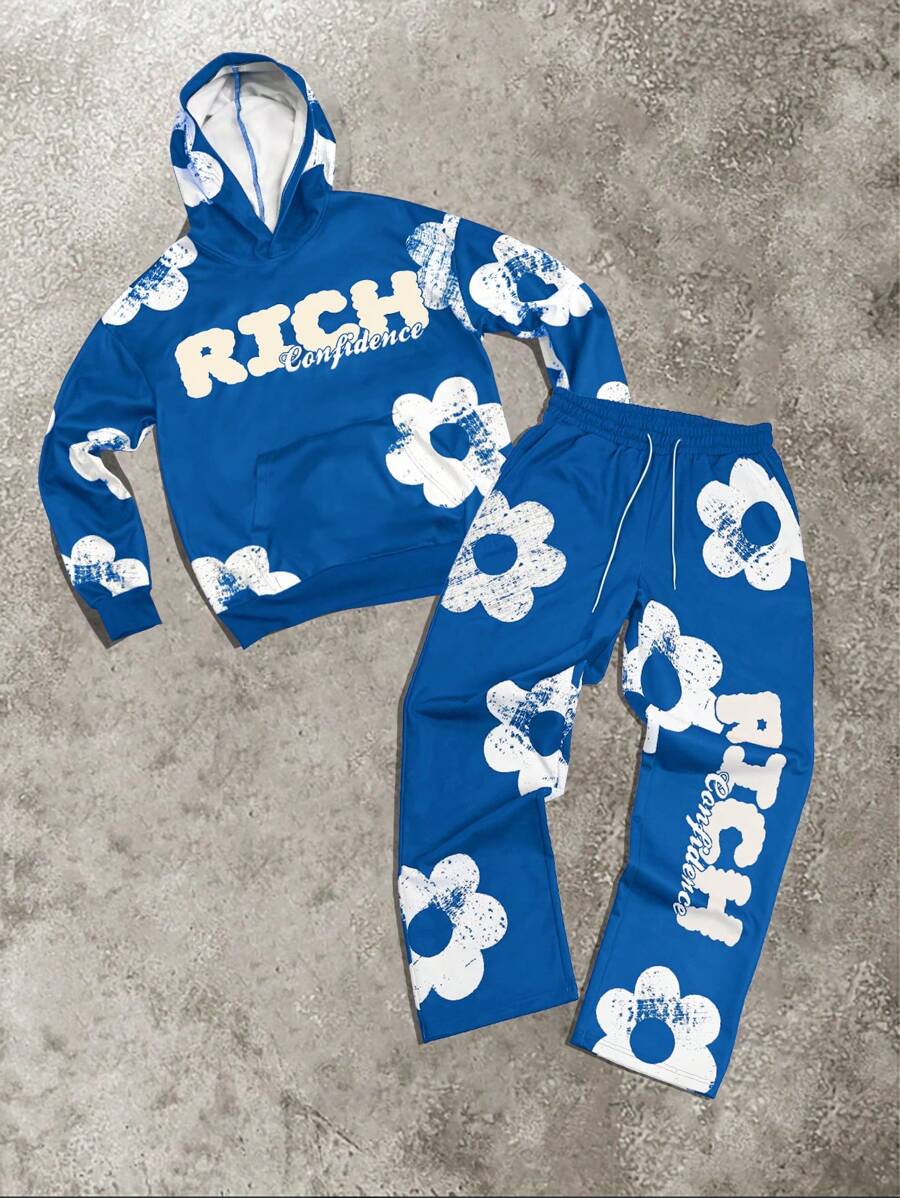 Manfinity EMRG 2pcs Men's Floral & Letter Print Hoodie And Sweatpants Set - Blue - View 1