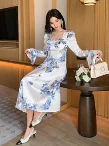 DAZY Women's Elegant Large Floral Print Dress, Summer Maxi Dress - White - View 4