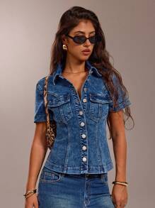 Forever 21 Spring New Slim Fit Collared High Street Women Denim Top