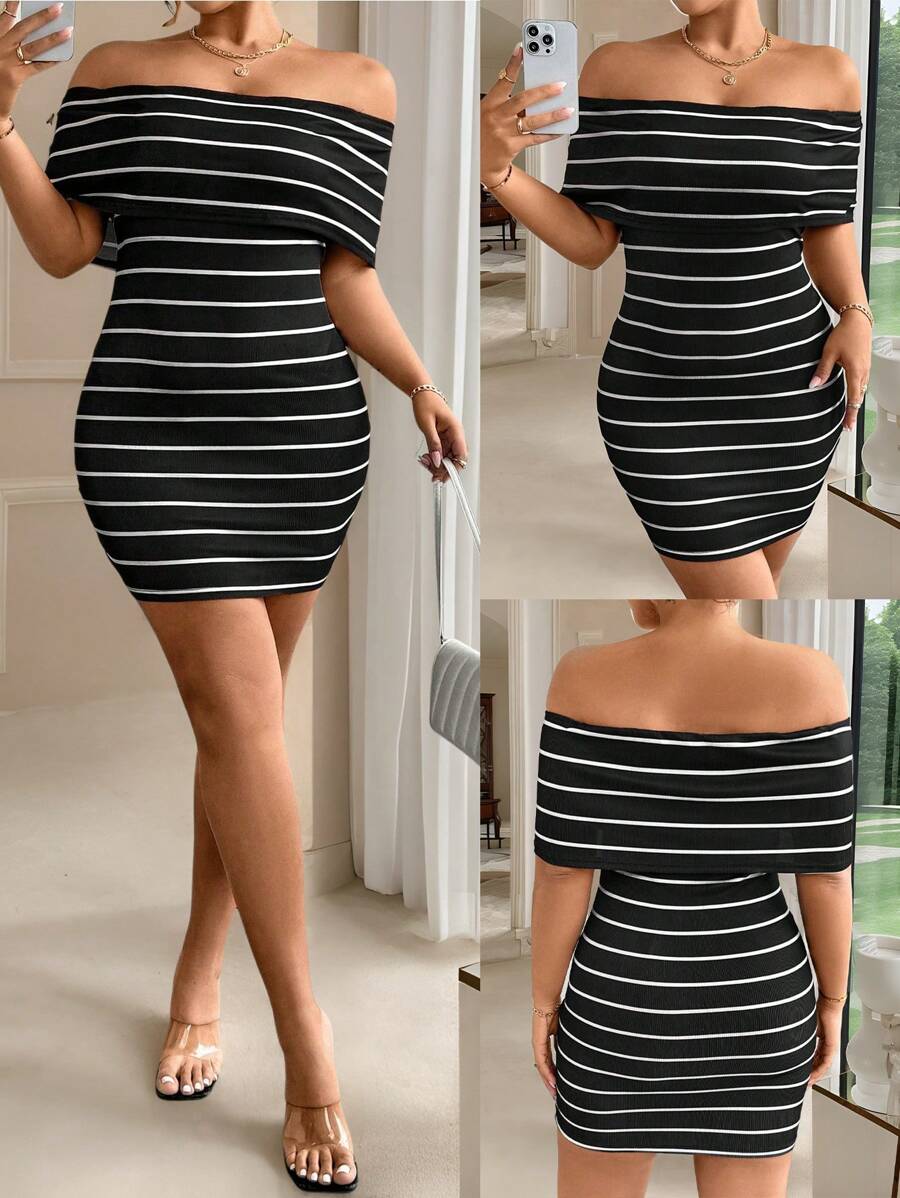 Calvaya Plus Size Black & White Striped Slim-Fit Off The Shoulder Stretchy Knit Jumpsuit, Elegant For Summer