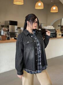 SHEIN EZwear 大码女式落肩长袖单排扣休闲牛仔夹克 - 黑色 - 查看 5