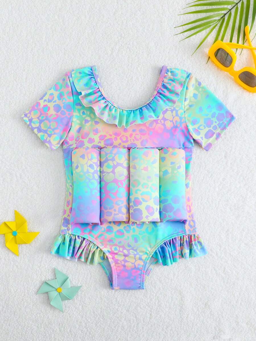 女宝宝彩色豹纹连体防晒泳衣