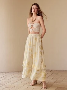 MOTF PREMIUM CHIFFON FLORAL PRINT DRAPED SKIRT - Apricot - View 4