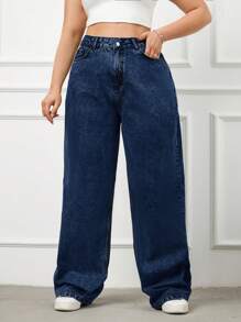 SHEIN Cottnline 100% Cotone rigido, vita alta, vestibilità ampia - Blu lavato medio - Visualizzare 5