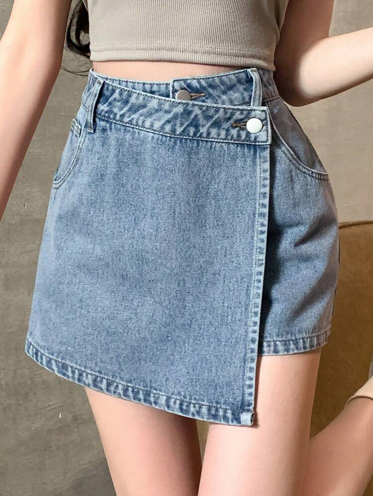 Women's Casual Blue Denim Mini Skirt With Zipper Detail And Asymmetrical Wrap Design
