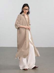 Dazy-Less Vacation Beach Striped Design Drawstring Tie Front Split Long Sleeve Shirt Dress For Women Old Money Style - Brown - View 6