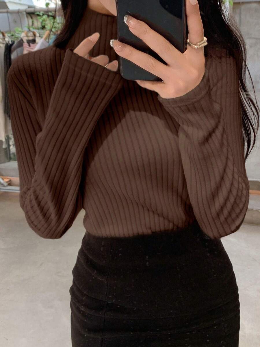 DAZY Women Solid Color High Collar Long Sleeve Casual Basic T-Shirt,Fall Clothes - Coffee Brown - View 1