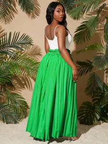 SHEIN SXY 加大码女式高腰褶皱阔腿裤（含免费配套腰带），适合海滩度假、约会之夜、生日、单身派对、可爱、休闲、购物、街头服饰、外出，易于搭配且看起来苗条，凸显您的身材，修饰身材 - 綠色 - 查看 2