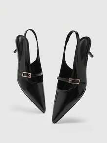 CUCCOO BIZCHIC 女士黑色尖头细高跟露跟低鞋面后系带派对高跟鞋，春夏 - 黑色 - 查看 7