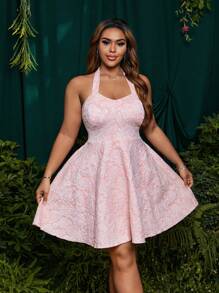 SHEIN Belle Plus Size Sexy Fashion Halter Plunge Lace Splicing Mini A-Line Dress - Multicolor - View 1