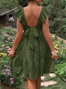 SHEIN Maternity Vacation Casual Solid Color Ruffle Hem Tie Strap Backless Green Dress - Army Green - View 1