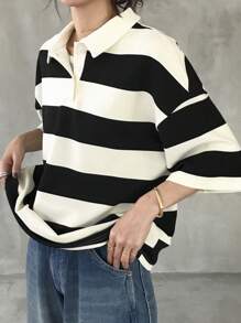 FRIFUL Women Loose Stripe T-Shirt With Polo Collar And Mid-Length Sleeve, Casual Summer Wear Oversized T-Shirt