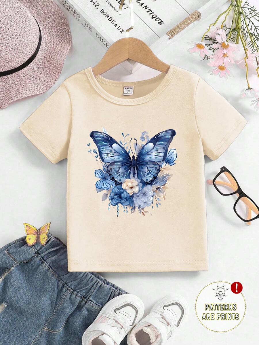 Young Girl' Casual Floral & Butterfly Print T-Shirt