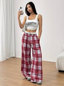 SHEIN EZwear Women's Elastic Waist Plaid Patchwork Casual Pants, Autumn/Winter - Multicolor - View 3