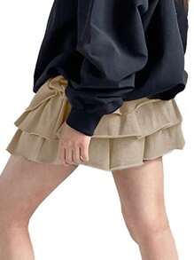 DAZY Falda-pantalón corta de mujer de estilo pastel de unicolor, multicapa, con volantes, para primavera/verano - Camel - Ver 2
