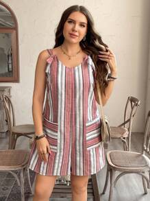 SHEIN LUNE Plus Size Summer Casual Holiday Striped Pocket Romper