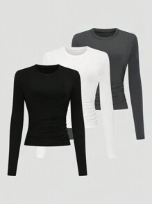 SHEIN LUNE Conjunto de 3 piezas talla grande: Top ajustado de cuello redondo de manga larga de punto con detalle de plisado lateral