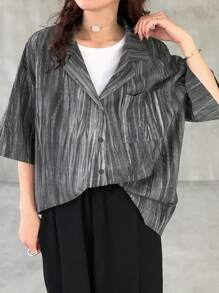 FRIFUL 女士灰色宽松全印花休闲衬衫，夏季上衣 - 灰色 - 查看 6