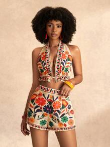 Zivah 2025Women's Spring/Summer All-Match Versatile Casual Outfit, Suitable For Music Festivals, Easter, Western Style, Boho, Nashville, Birthday Party, Graduation, Student Wear, Daily Outings, Vacation, Cruise Travel, Beach, Sunbathing. Features Prints, Open Back, Ties, Frill Trim - Multicolor - View 7