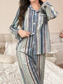 SHEIN 印花翻领长袖睡衣套装，秋冬舒适优雅细节 - 彩色 - 查看 4