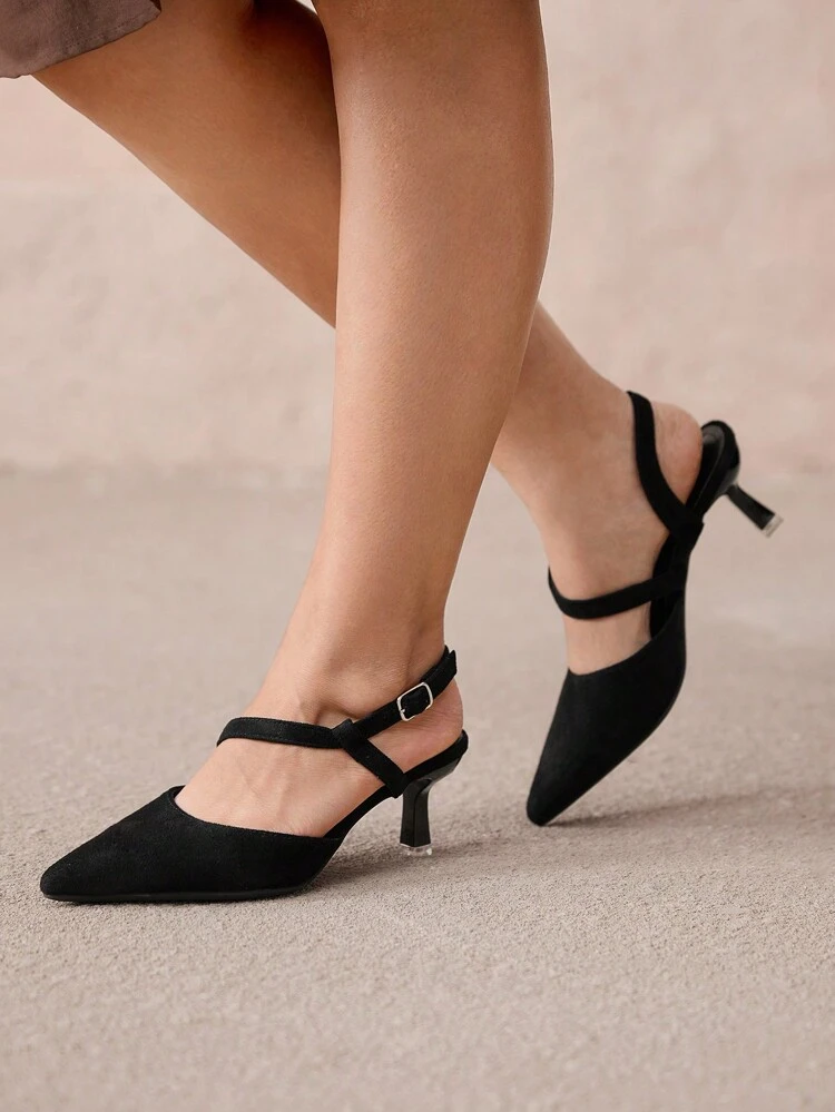 CUCCOO CURVES Plus Size Wide-Width Pointed Toe High Heel Pumps, Elegant Solid Black Strap Backstrap Sandals, Suitable For All Seasons Spring Shoes Spring Break Easter