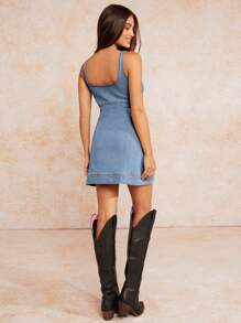 Forever 21 蓝色水洗方领牛仔吊带连衣裙 - 淺色水洗藍 - 查看 2