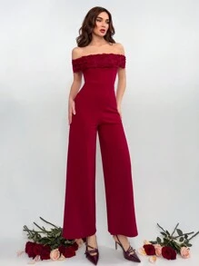 Aloruh 女士 3D 花卉装饰露肩简约连体裤，休闲日常穿着 - 酒紅色 - 查看 3