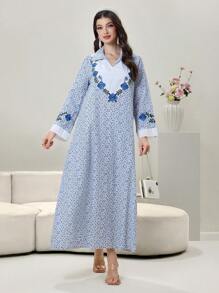 Al Najma Gaun Maxi Lengan Panjang Motif Bunga Patchwork Gaya Arab, Sopan - Biru - View 7