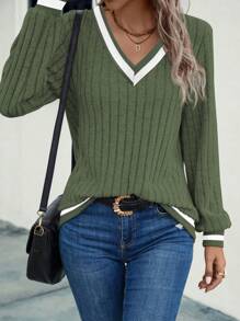 SHEIN LUNE Women Solid Color Patchwork V-Neck Casual Sweatshirt,Graduation,Teacher,Back To School Pullover Fall - Army Green - View 6