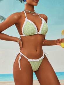 SHEIN Swim 绿色格子荷叶边比基尼套装，适合夏季海滩度假 - 彩色 - 查看 4