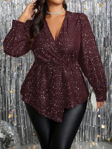 Áo cánh viền bất đối xứng bạc thời trang cỡ lớn, áo peplum mùa thu - Màu Đỏ Sâu - Xem 4