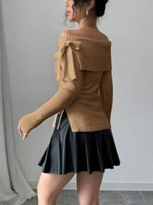 Elenzga 女士不对称领长袖纯色套头毛衣，秋冬针织套头衫