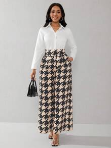 Lyxana Pantalones de pierna ancha con estampado de pata de gallo simple para mujer, ideales para desplazamientos - Caqui - Ver 6