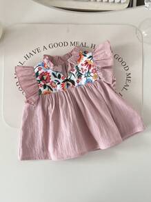 SHEIN Leap Crew Baby Girl Cute Floral Print Ruffle Trim Sleeveless Top, Summer - Pink - View 3