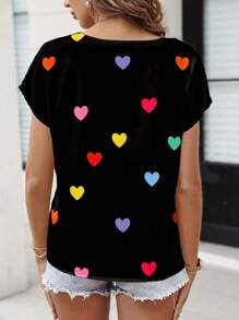 SHEIN LUNE Casual Minimalist Heart Print Raglan Shirt For Women, Suitable For Spring/Summer For Valentine's Day Chic Blouses For Women,Casual - Multicolor - View 2