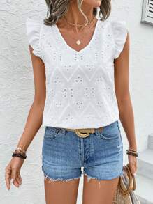 Breezaya 女士休闲花卉刺绣盖袖衬衫 - 白色 - 查看 4