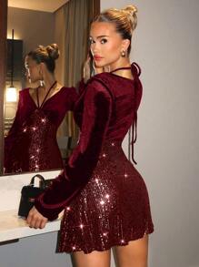 Glamine 适合情人节、圣诞节、感恩节派对、新年服装的闪亮迷你连衣裙 V 领长袖系带天鹅绒亮片连衣裙，适合节日派对服装 - 紅色 - 查看 2