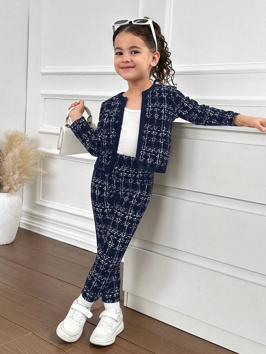 SHEIN Bộ 2 món Nova Glow Áo khoác kẻ caro đan cho bé gái và quần legging đan cùng màu - Màu xanh lam - Xem 1