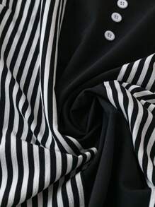 EMERY ROSE Plus Striped Print Button Detail Blouse Fall Cloth For Women - Black and White - View 3