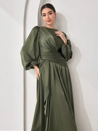 Veilorie Vestido abaya de mujer con cuello redondo, manga farol, cintura cruzada y unicolor, modesto