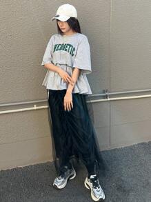 FRIFUL Áo thun nữ in chữ rộng rãi, áo mùa hè dễ thương, áo thun họa tiết - Xám - Xem 2