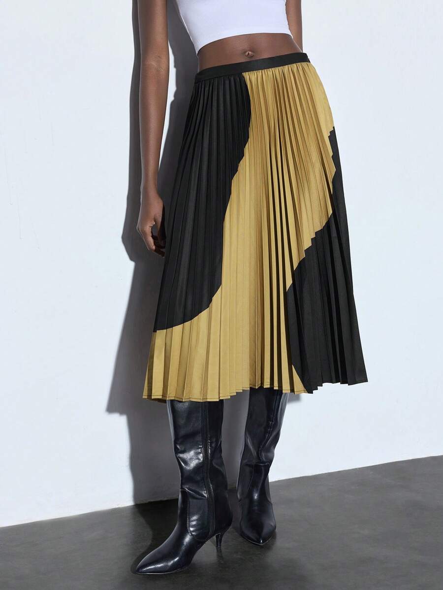 SHEIN Maija 2025 Summer New Pleated Color Blocking Skirt, Ladies' Casual Business Commute Elegant Beach Resort Suitable For Wedding Guest, Countryside Music Festival, Brunch, Airport Attire, 90s Vintage Stockholm Style, American Independence Day - Brown - View 1