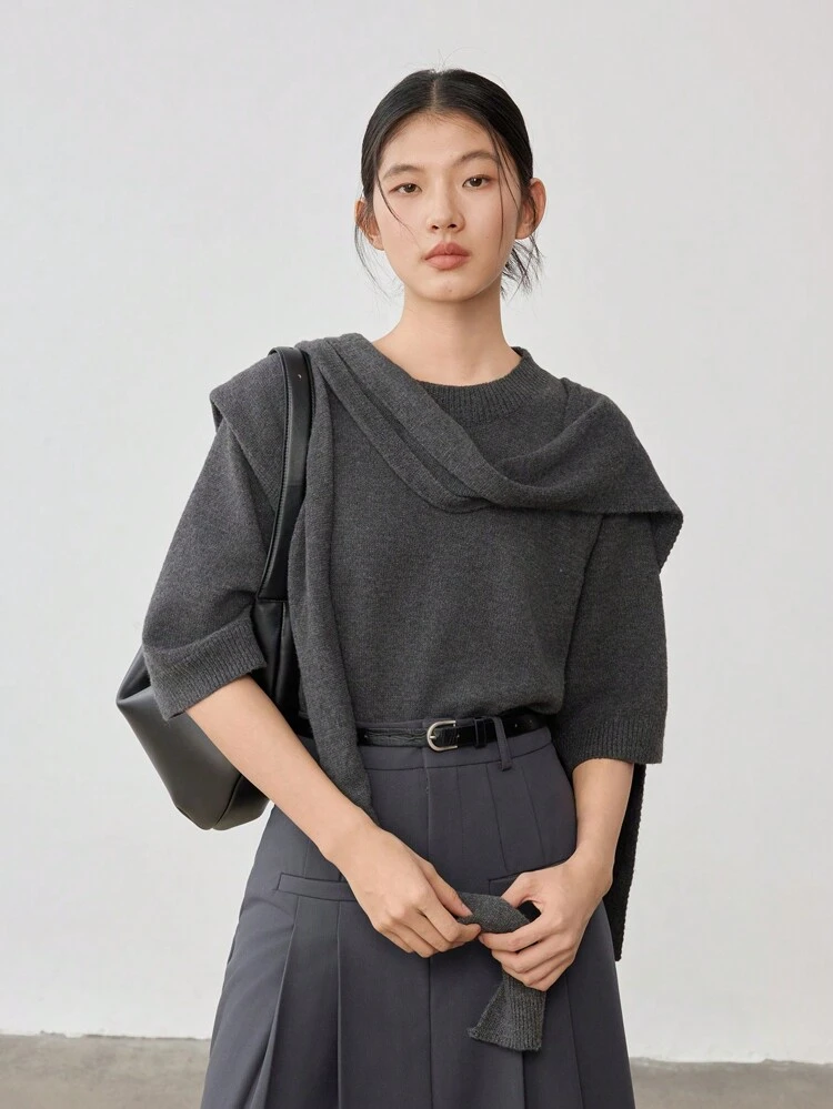 Loose Business Casual Pullover Short Sleeve Women Knit Top, Teacher Fall