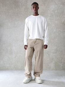 SUMWON 溜冰者版型设计师牛仔裤宽松阔腿休闲牛仔裤经典休闲街头风四季舒适棉质时尚长裤 - 卡其色 - 查看 3