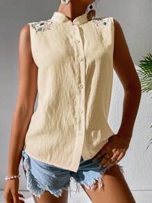 Chiquease Blusa sin mangas con bordado floral y abotonadura sencilla para mujer - Albaricoque - Ver 5