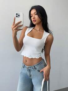 SHEIN Essnce Women's Sleeveless Asymmetrical Hem Floral Lace Square Neck Tank Top, Spring/Summer - White - View 5