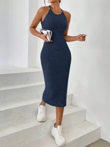 SHEIN Essnce Women Plain Sleeveless Simple Fitted Ribbed Casual Dress Long Bodycon Dress Bodycon Dresses New In Dresses Knit Dress Women Clothing Dresses